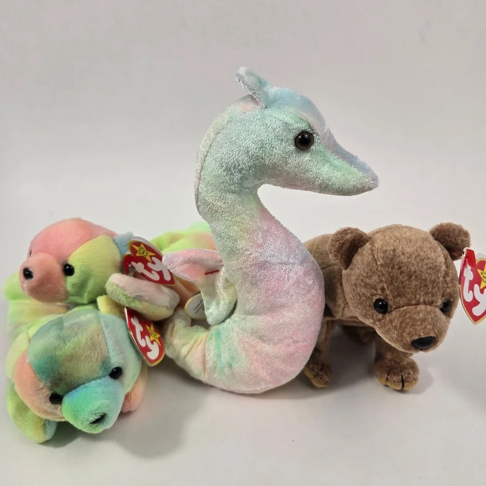 Ty Beanie Babies Lot Neon Seahorse Fuzz Bear Sammy Bear Tie Dye Plush Bundle 3pc